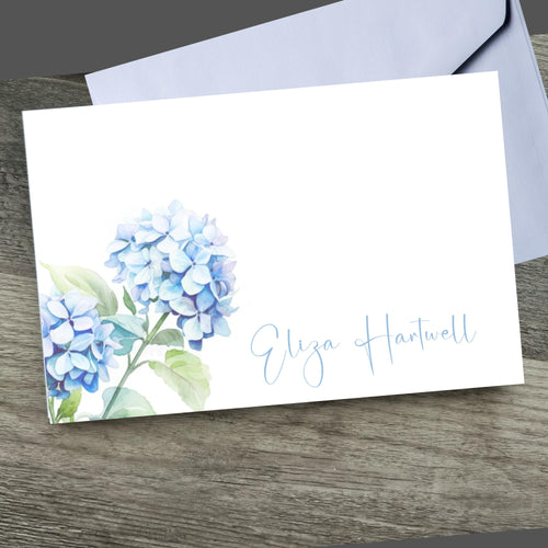 Blue Hydrangea Notecards: Personalized Floral Stationery FLAT or FOLDED (Set of 15, A2 Size)