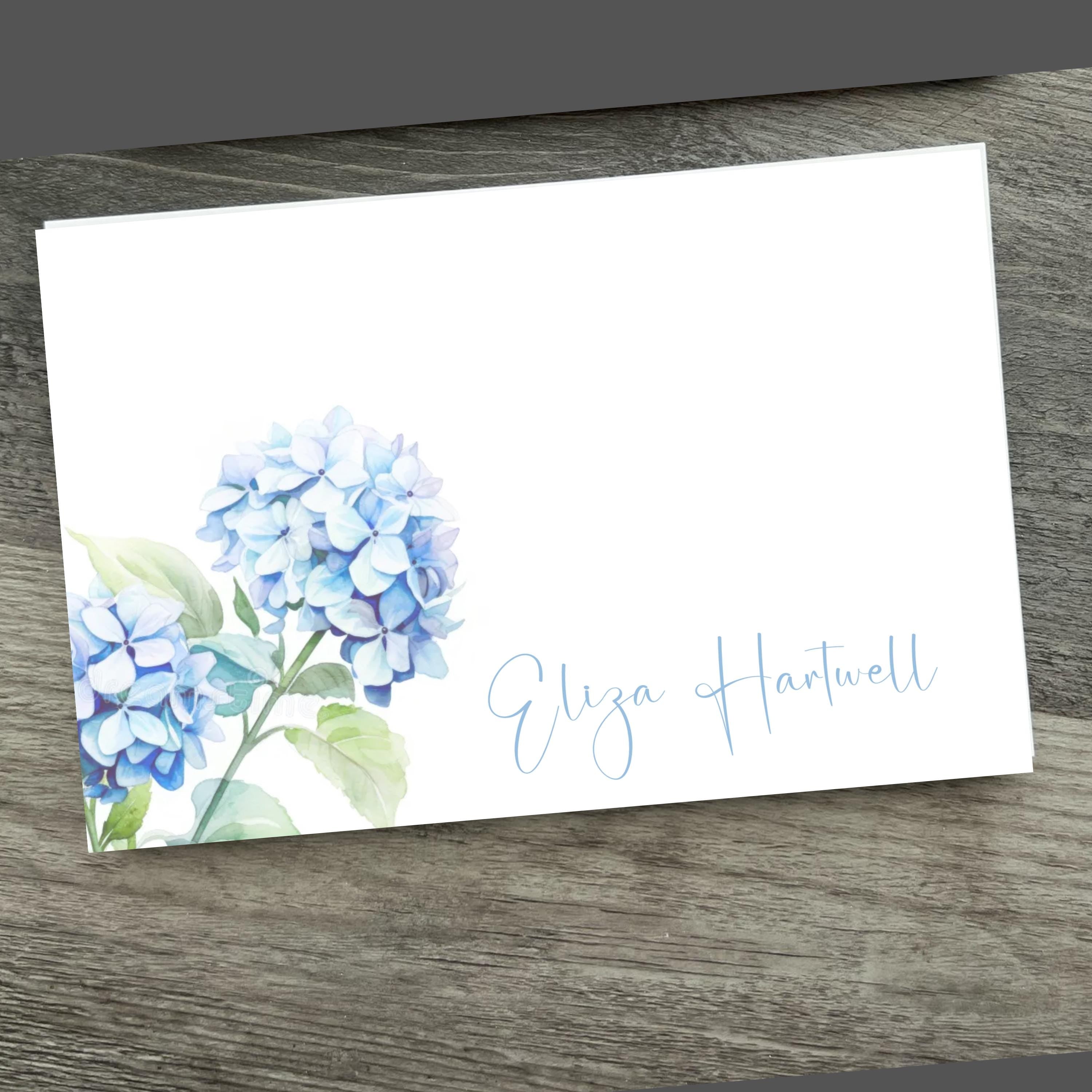 Blue Hydrangea Notecards: Personalized Floral Stationery FLAT or FOLDED (Set of 15, A2 Size)