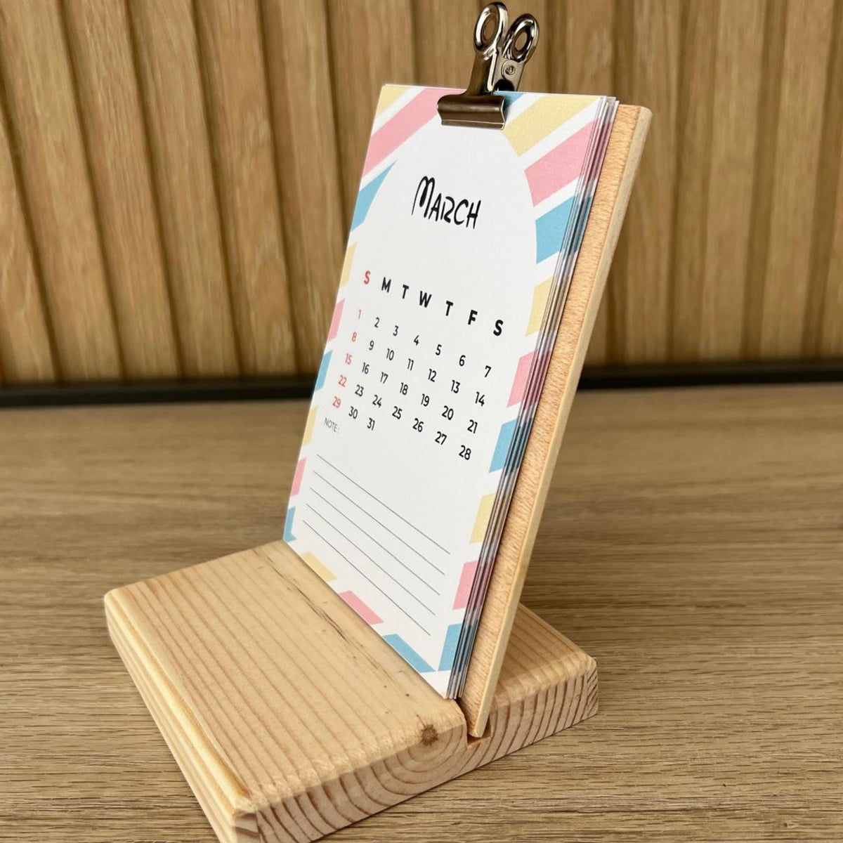 2026 Wooden Desk Calendar – Natural Wood Base with Clipboard & Metal Clip | Minimalist Office Decor