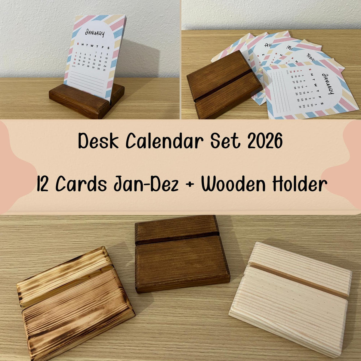 2026 Desk Calendar Set -12 Monthly Cards (Jan–Dec) + Wooden Holder