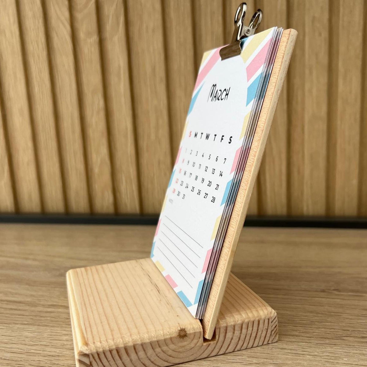 2026 Wooden Desk Calendar – Natural Wood Base with Clipboard & Metal Clip | Minimalist Office Decor