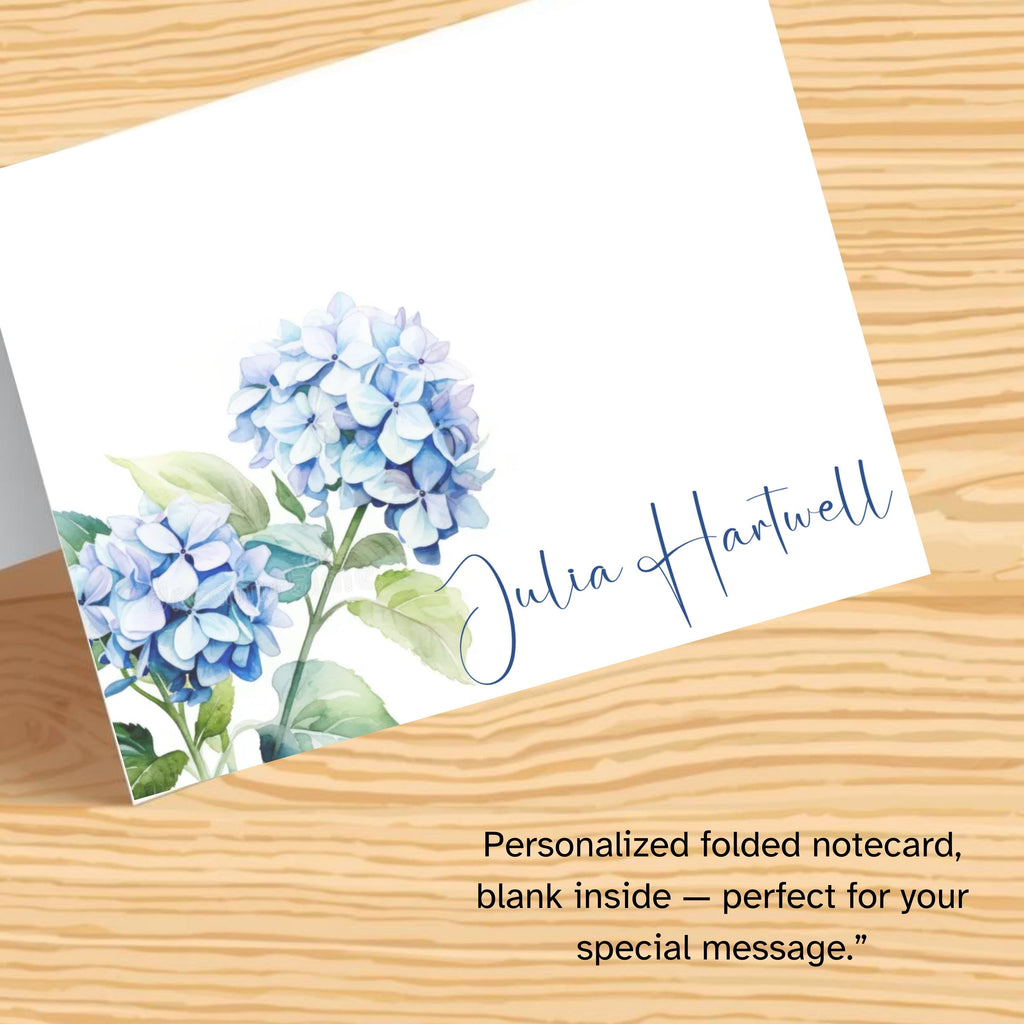 Personalized Stationery, Kraft Envelopes, Watercolor Hydrangea, Set of 10 Flat cards