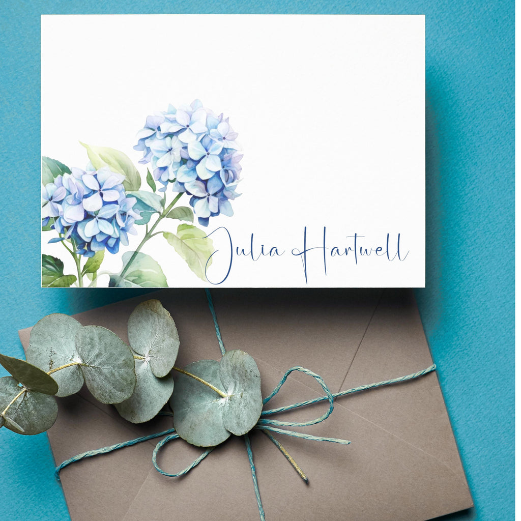 Personalized Stationery, Kraft Envelopes, Watercolor Hydrangea, Set of 10 Flat cards