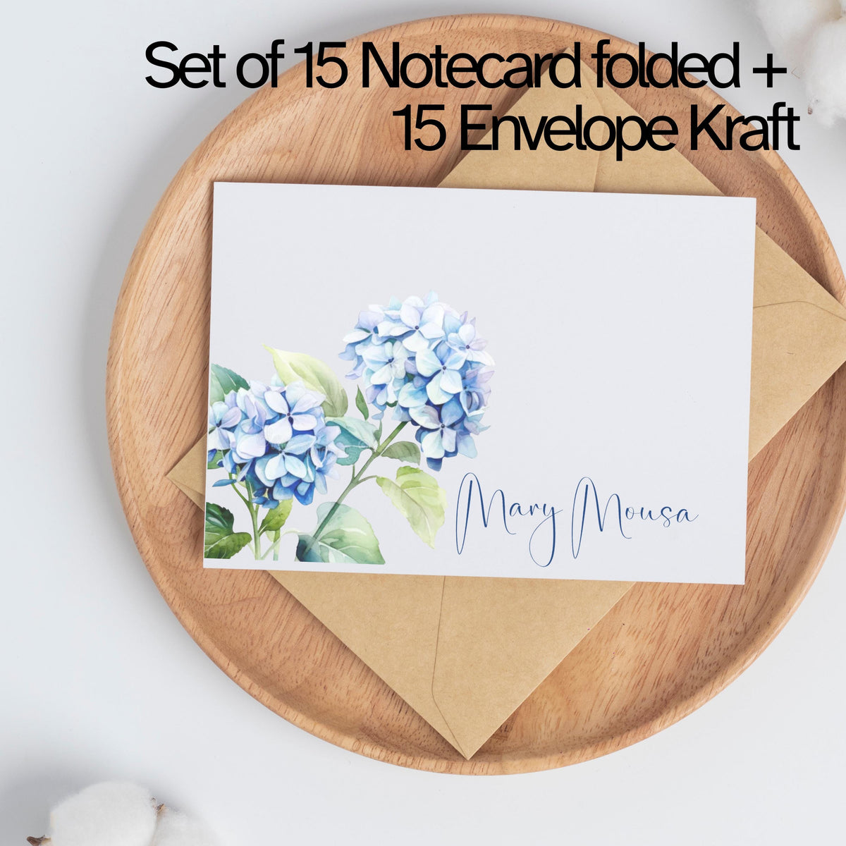 Personalized Stationery, Kraft Envelopes, Watercolor Hydrangea, Set of 10 Flat cards