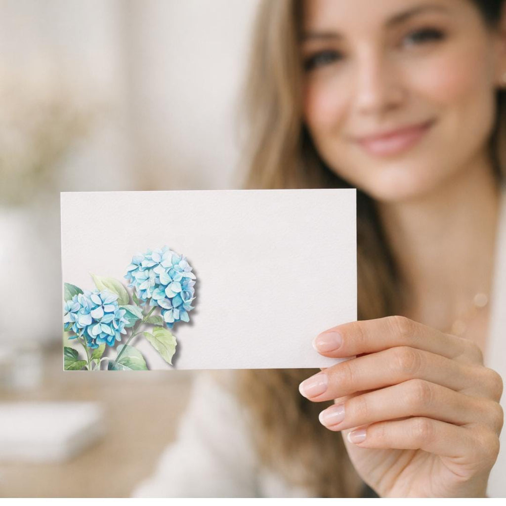 Personalized Stationery, Kraft Envelopes, Watercolor Hydrangea, Set of 10 Flat cards