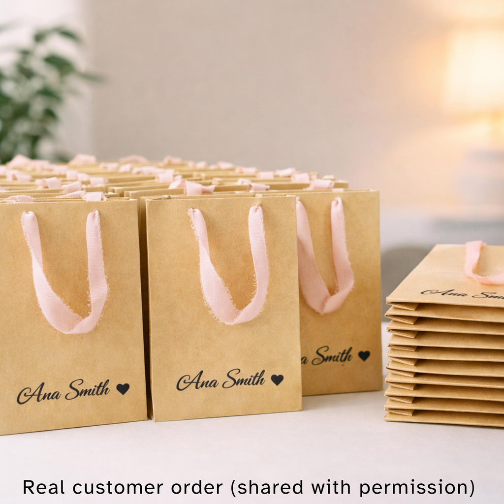 Personalized Small Kraft Paper Gift Bags with Chiffon Ribbon – Custom Party Favors