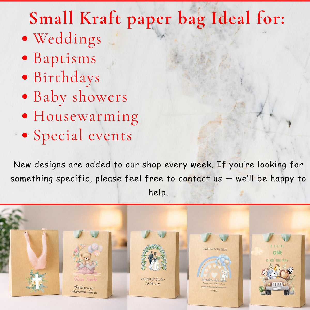 Personalized Kraft Favor Bags with Ribbon, Custom Wedding Party Favors